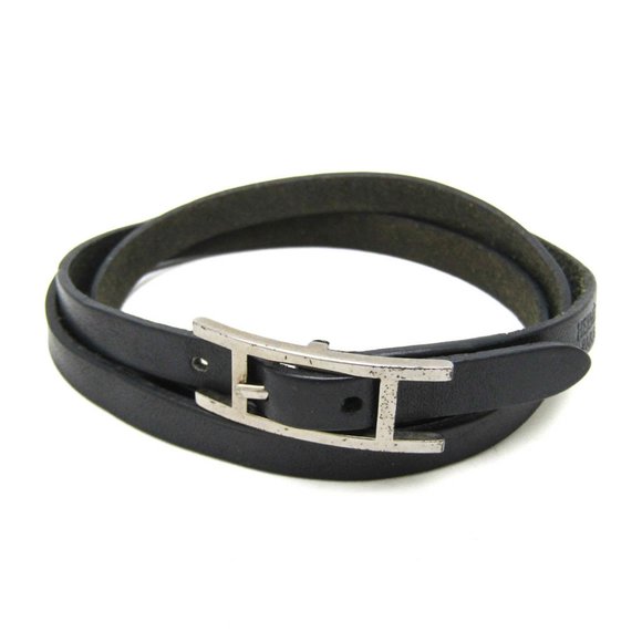 Hermes Hapi Triple Bracelet Choker Leather,Metal No Stone Bangle Black,Silver - Picture 1 of 10
